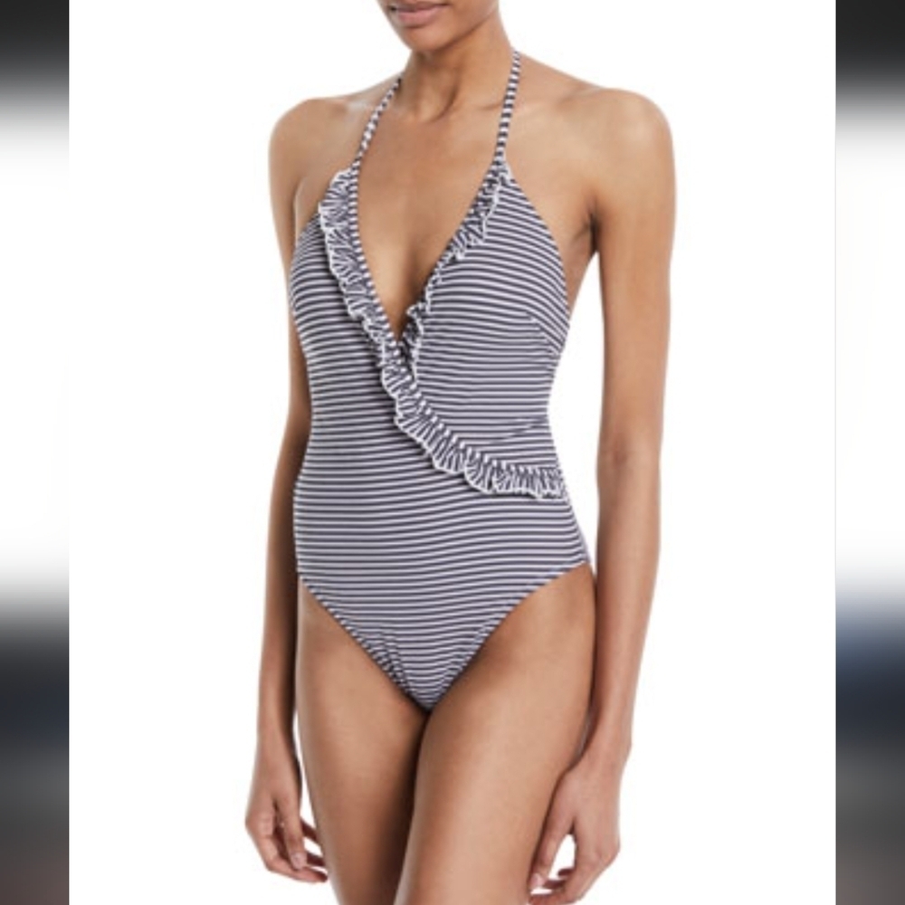 SOLID & STRIPED Navy and White Ruffle One Piece
